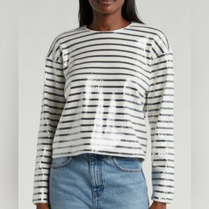 FRAME Navy White Multi Stripe Sequin Top, Size M